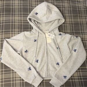 Womens trendy embroidered bow pattern cropped zip up hoodie